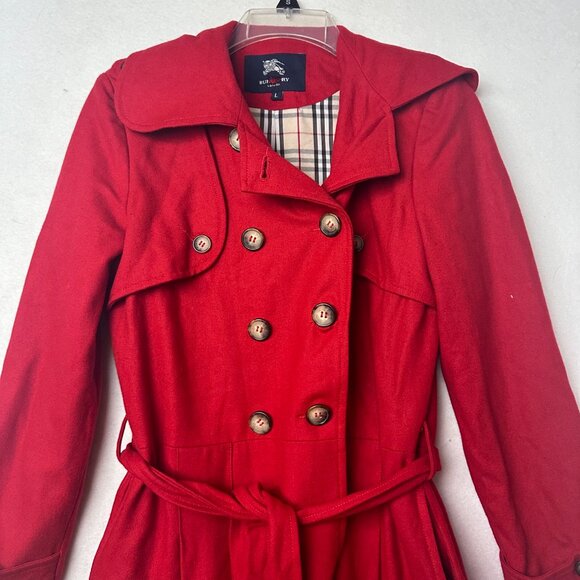 Burberry coat women L red wool blend long trench double breasted novacheck VTG - Picture 2 of 8